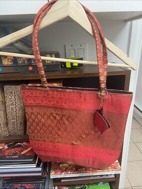 Vintage Thai Handmade Red Brocade Tote Bag with Matching Key Pouch